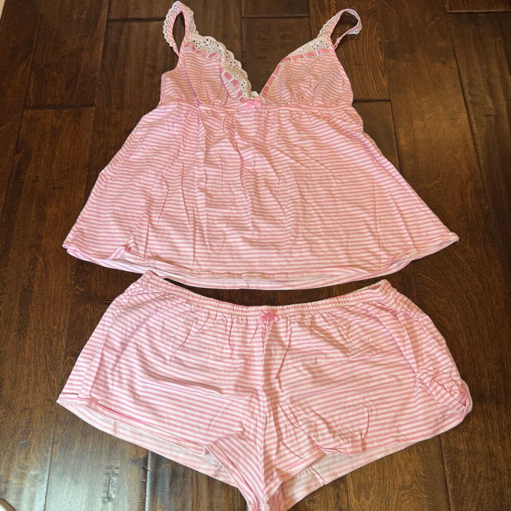 Y2K Victoria Secret Babydoll Cami Pajama Set Striped Coquette Lace size Large